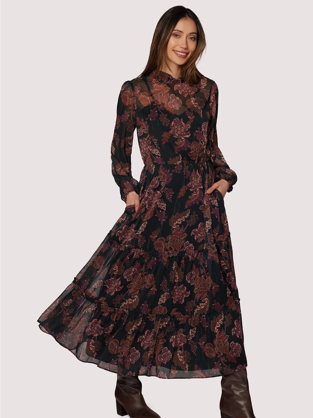 WHISPERS OF BOHEMIA MAXI DRESS IN BLACK-PLUM-FLORAL COLOR